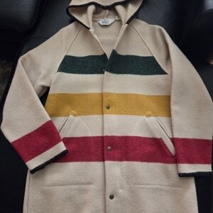 Woolrich Beige and Black Trimmed Wool Coat